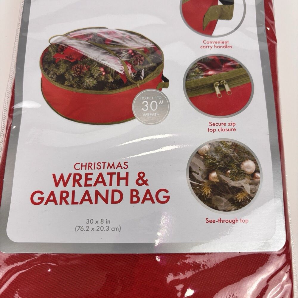 Whitmor 30" Christmas Wreath & Garland Storage Bag Clear Top Red Zip Closure NEW